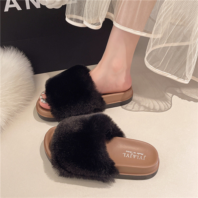 Thick soleclassy furry slippers women's outwear 2025fall and winternew arrivalk-stylefashion furry one-line cotton slippers