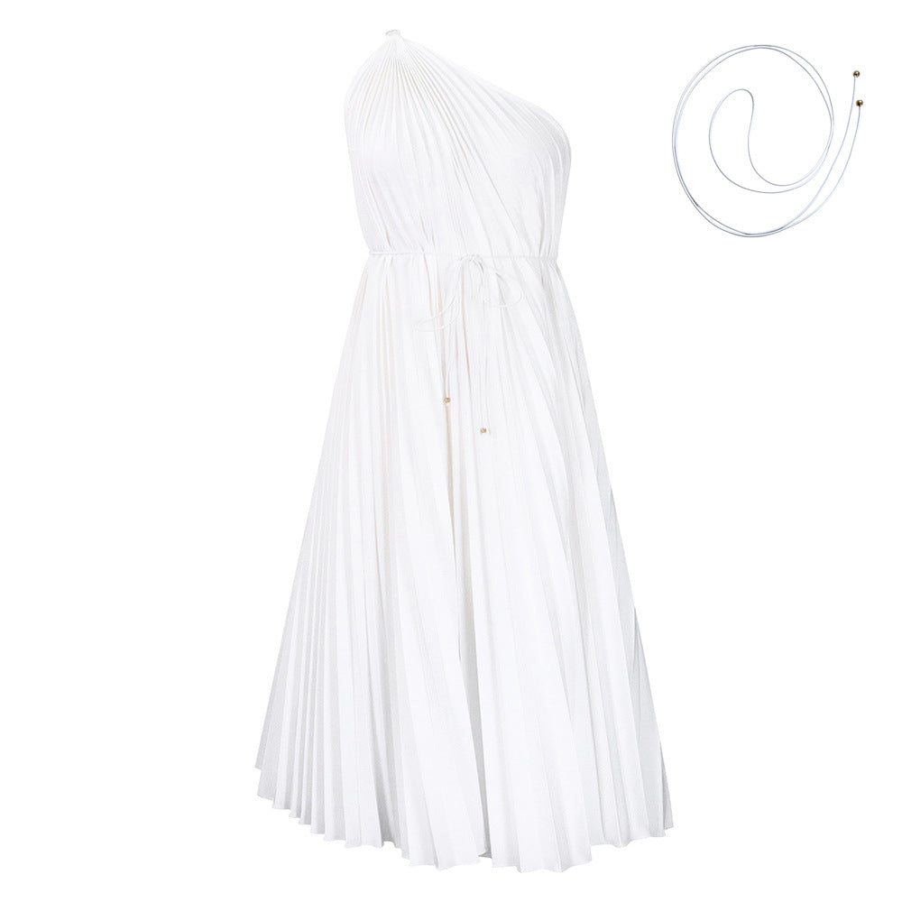Amazon foreign trade women's summer  new solid color one-shoulder tie-up a-line dress, loose pleated european and american style dress