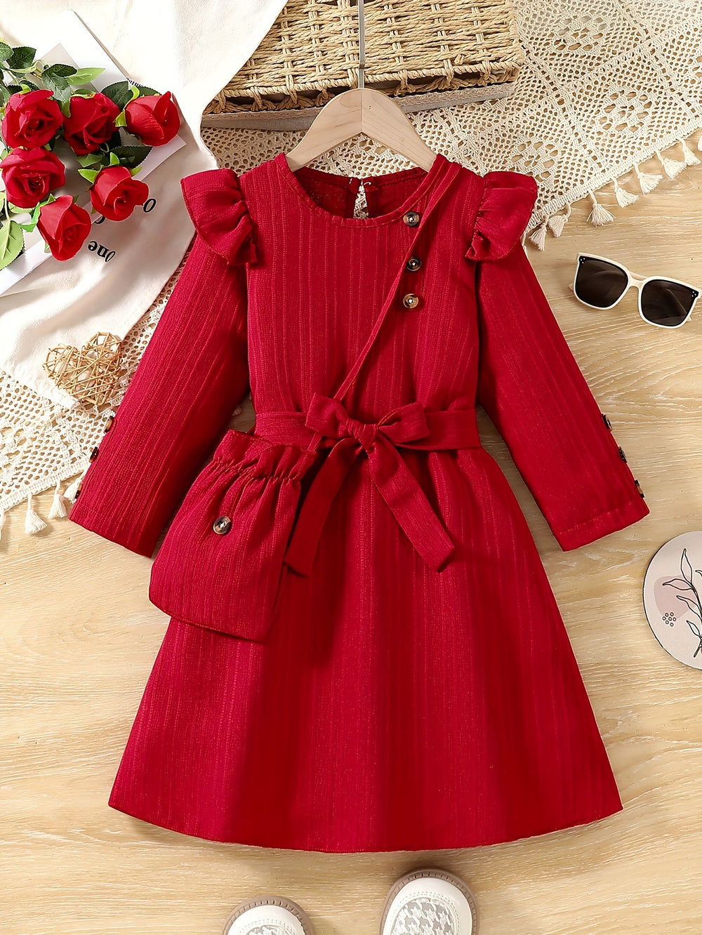 Girls' export dress - red bow belt, lace flutter sleeves, ribbed knit, long sleeve, long dress for outdoor wear