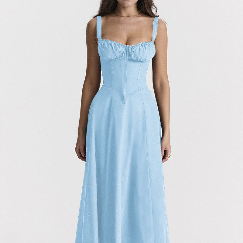 cross-border european and american women's clothing: new summer long dress - printed, cinched waist, sleeveless cami, sexy dress