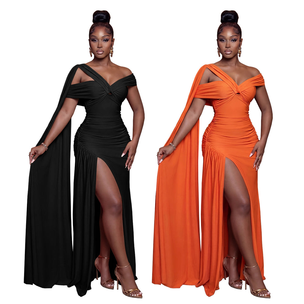 C7667 cross-border   fashion women's elegant sexy high-slit shawl dress - new arrival