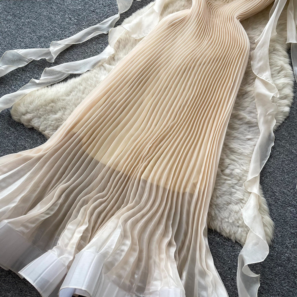 French twist knot camisole dress - unique & chic summer high-waisted pleated maxi dress with flowy ruffle hem