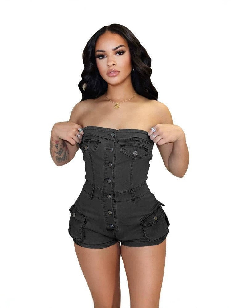 Amazon cross-border  foreign trade trendy sexy european and american denim tube top one-piece shorts hot girl women