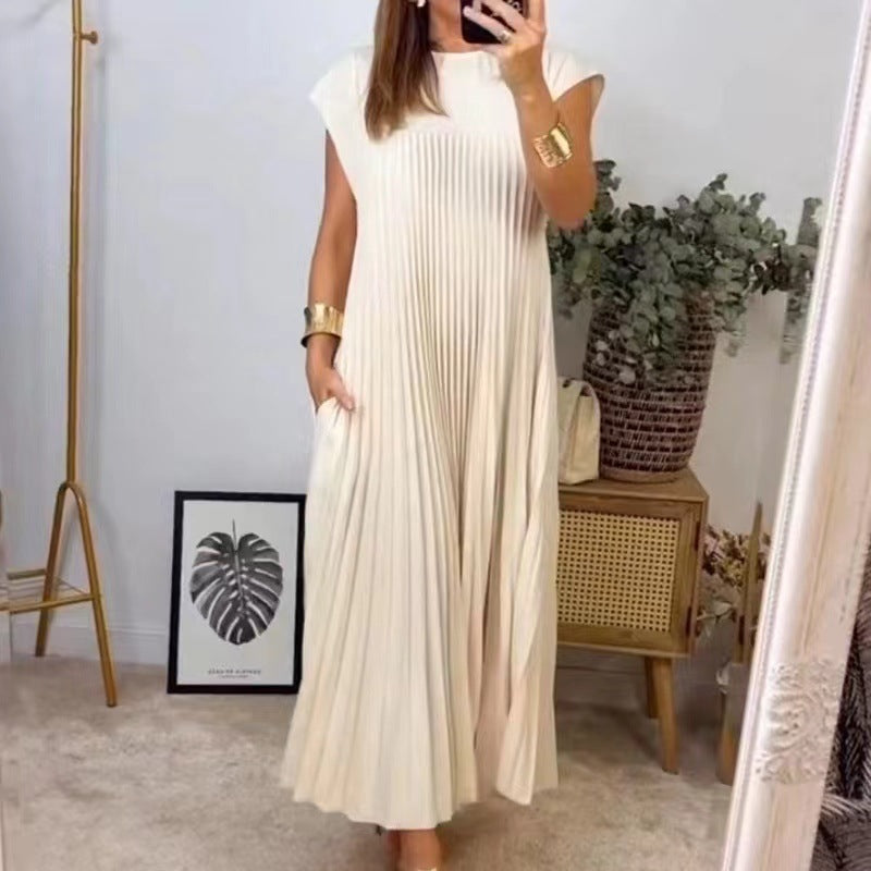 Amazon women's  european and american style spring new arrival solid color elegant fashion round neck short sleeve pleated loose dress