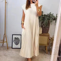 Amazon women's  european and american style spring new arrival solid color elegant fashion round neck short sleeve pleated loose dress