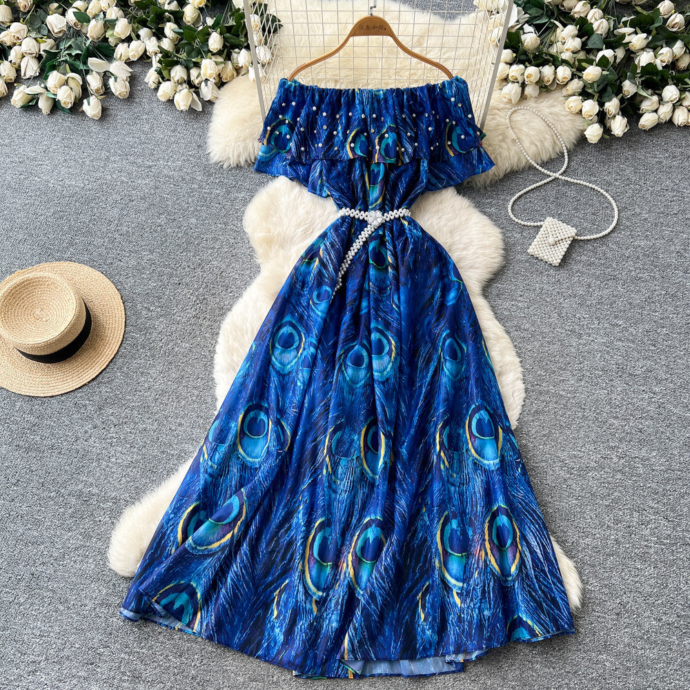 new women's summer sleeveless printed dress with pearl off-the-shoulder neckline, high-waisted a-line skirt, commute-friendly high street style