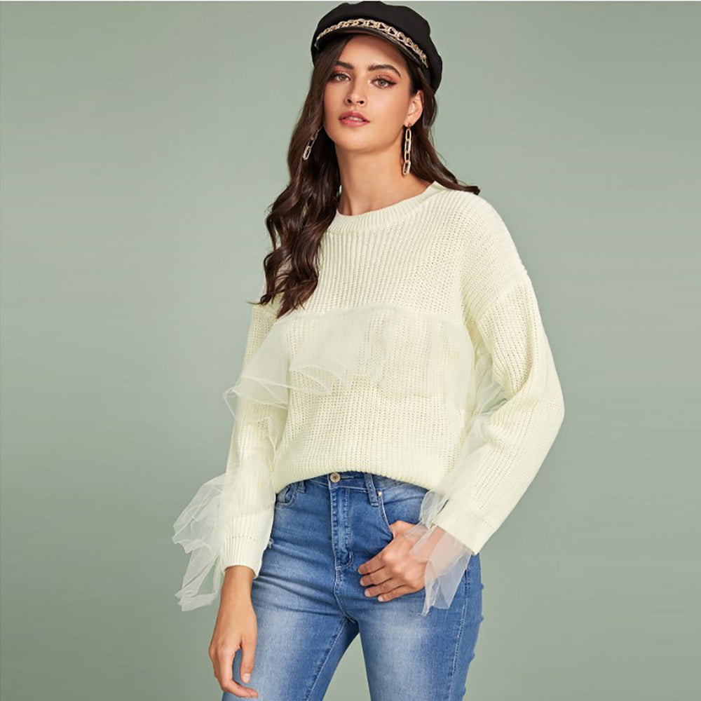 autumn/winter european and american women's casual knitted sweater fashion mesh ruffle trim top