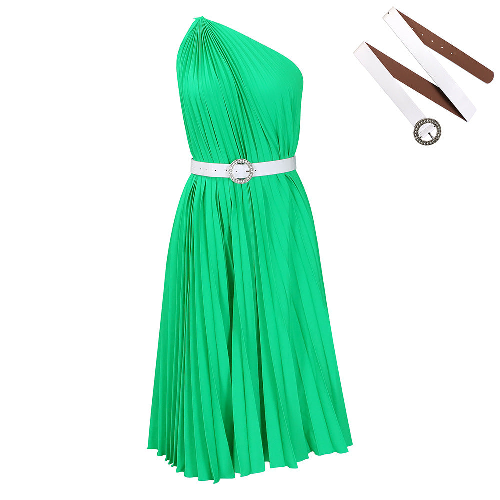 D404 with belt independent station export women's clothing new arrivalfashionelegant slanted shoulder pure color pleated large skirt european and american dress