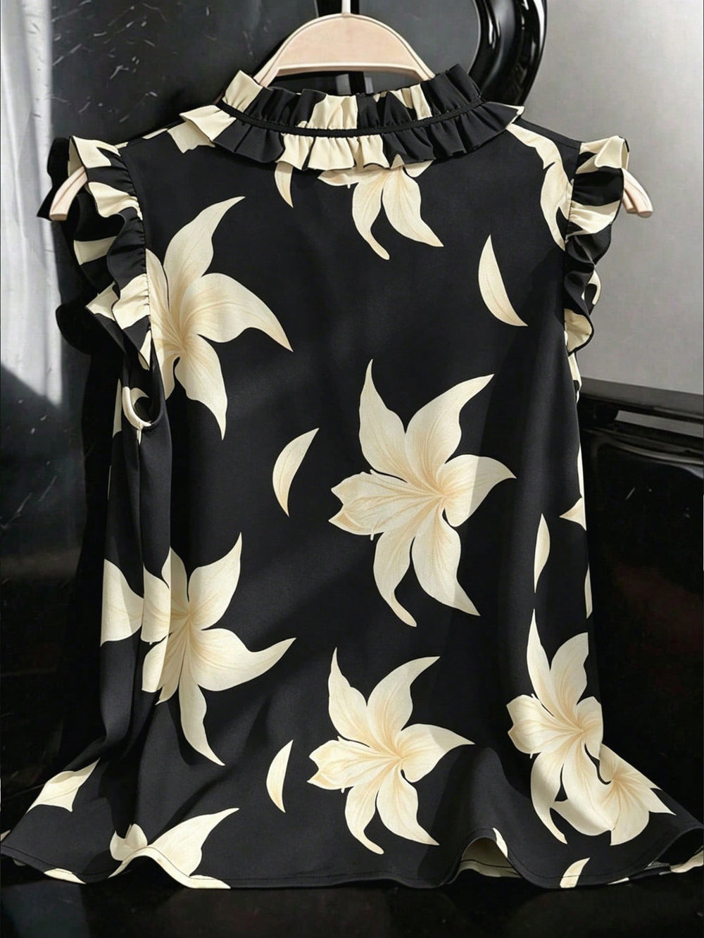 Simple retro floral print sleeveless top with ruffle neck and bow tie – casual commute women's apparel, 1688 source