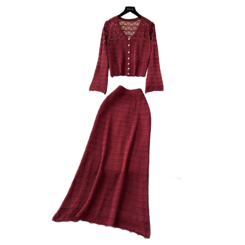Korean style women's gentle & chic versatile v-neck long sleeve crochet knit cardigan with high-waisted midi skirt set