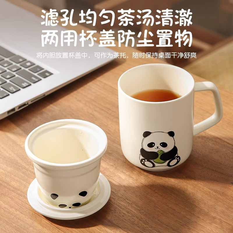 Panda tea infuser mug - ceramic tea cup with wooden handle and lid, keeps your hands cool, perfect for office use