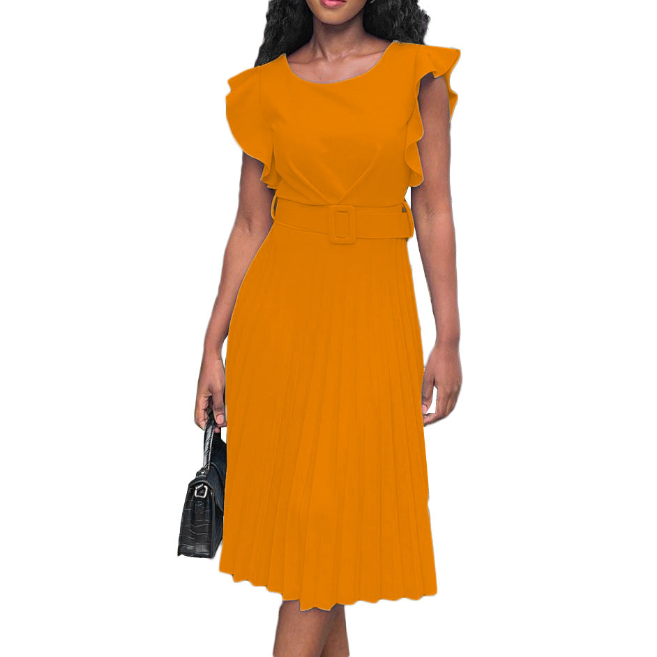 D270 with belt  summer independent station foreign trade ruffle sleeve round neck waist pleated cross-border fashion dress