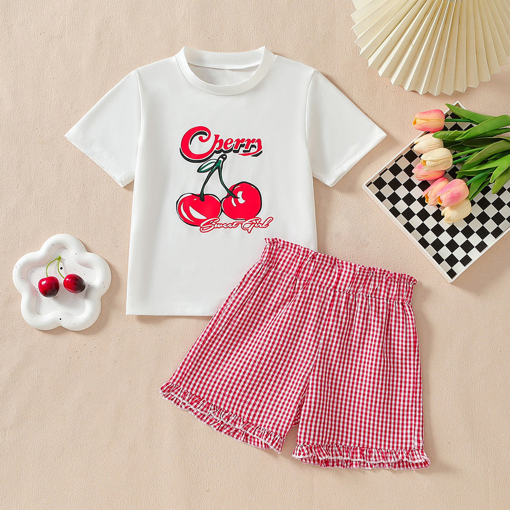 Girls' summer outfit: cherry print round neck lace-trimmed shorts set - sweet & cute casual two-piece for export