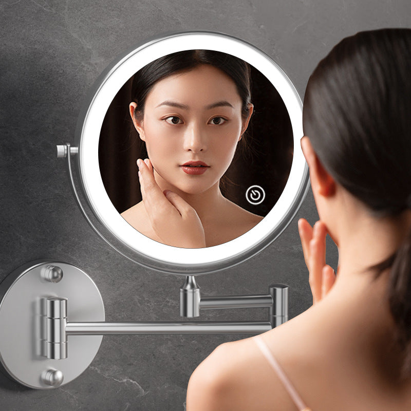 Punch-free wall-mounted folding makeup mirror for bathroom, magnifying, extendable, double-sided led lighted vanity mirror for hotel use