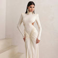 fashion  autumn new arrival women's pure colorlong sleeves high collarelegant silm pleated backless long dress