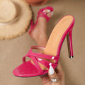 2026 new european and american style rose red patent leather stiletto sandals - women's fashionable and versatile round toe criss-cross high heel sandals