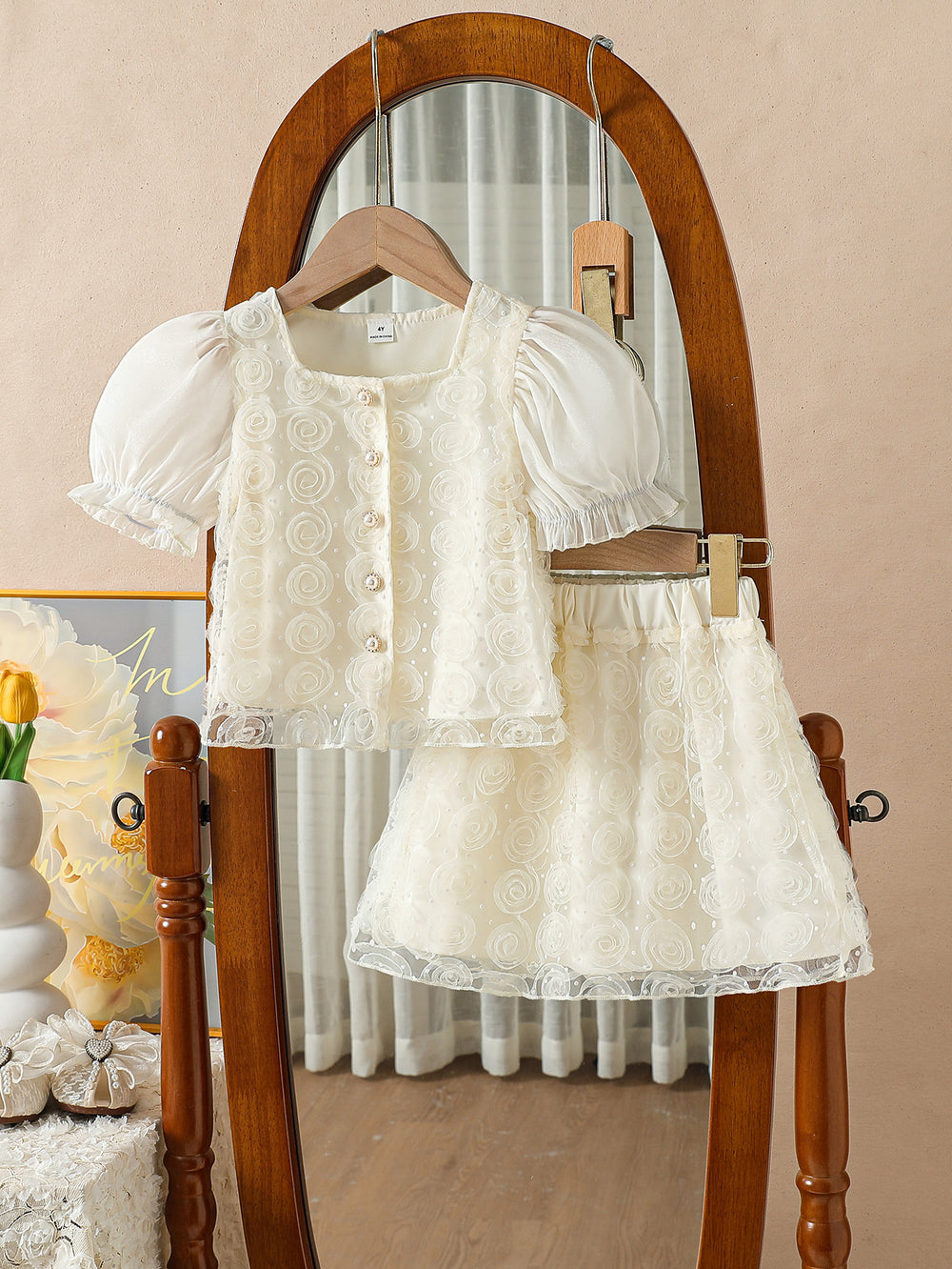 summer cross-border e-commerce 3d mesh flower appliqué top + skirt two-piece set for girls