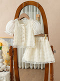 summer cross-border e-commerce 3d mesh flower appliqué top + skirt two-piece set for girls