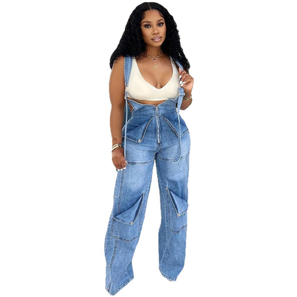 European and american style women's denim overalls -  cross-border women's summer streetwear casual zipper washed jumpsuit