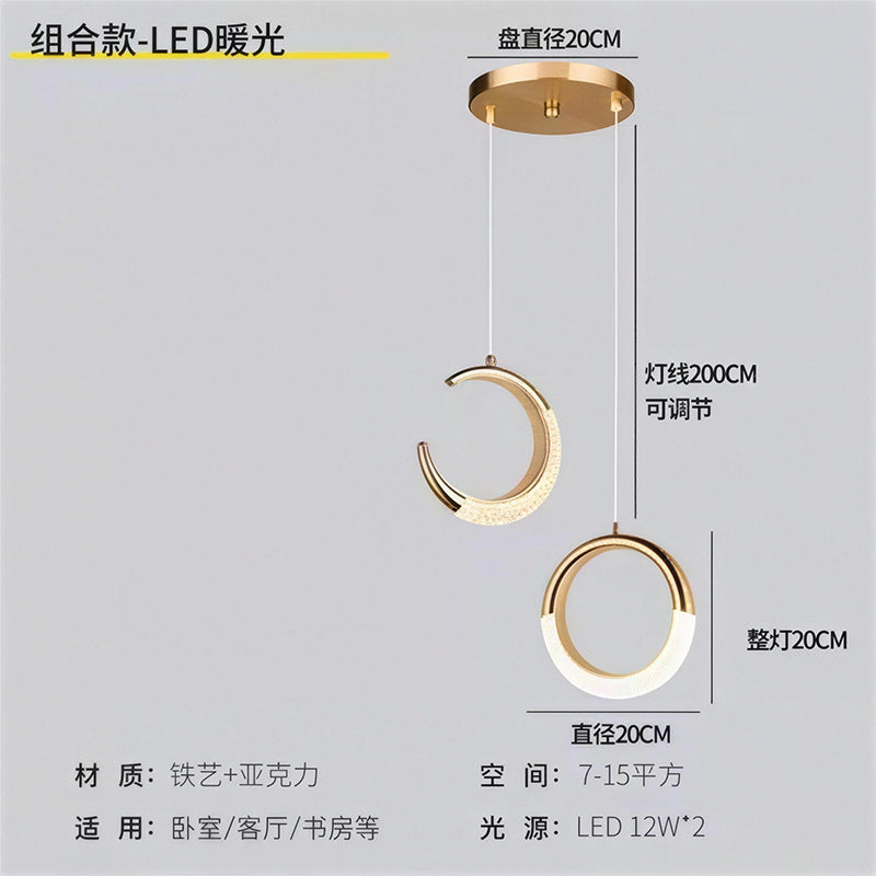 Luxury gold crystal crescent moon ring bedside pendant light - modern minimalist c-ring for bedroom, bar, entryway, and boutique hotel ambiance