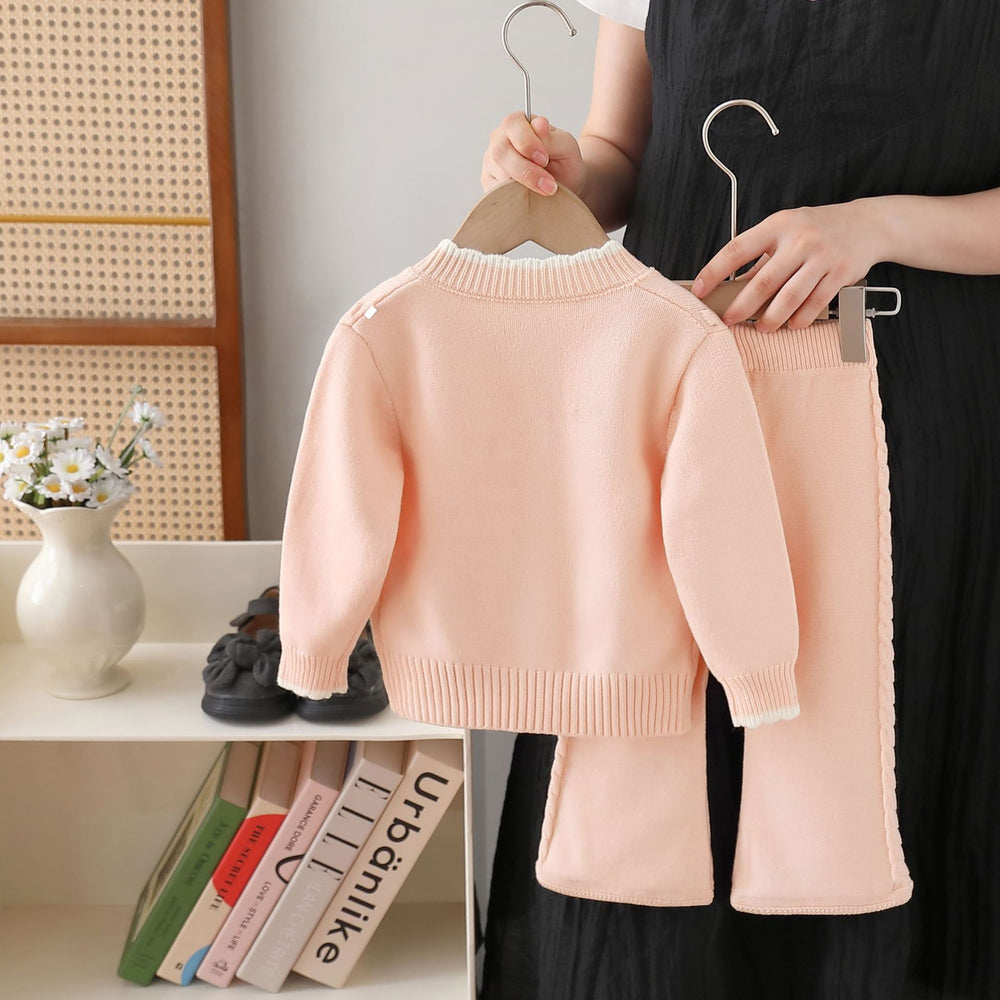 Girls' knit sweater jacket & pants set - new autumn/winter  collection with handmade floral accents