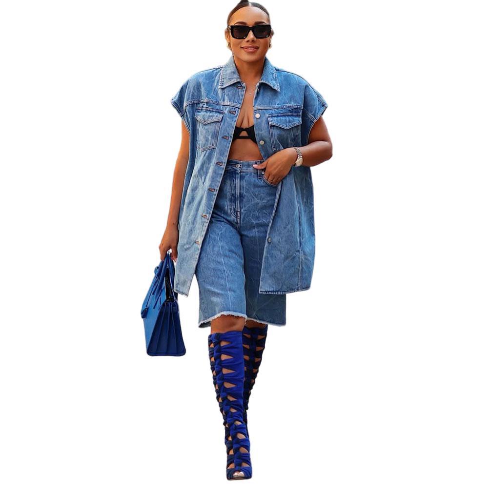 European and american style women's casual denim jacket -  cross-border fashion sleeveless denim vest jacket