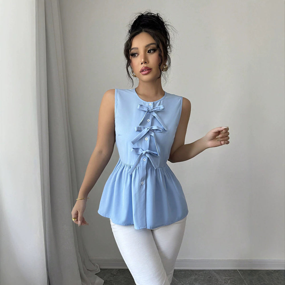 fashion  summer new arrival light blue bows sleeveless tops waist rufflesslimming look vest