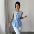 fashion  summer new arrival light blue bows sleeveless tops waist rufflesslimming look vest