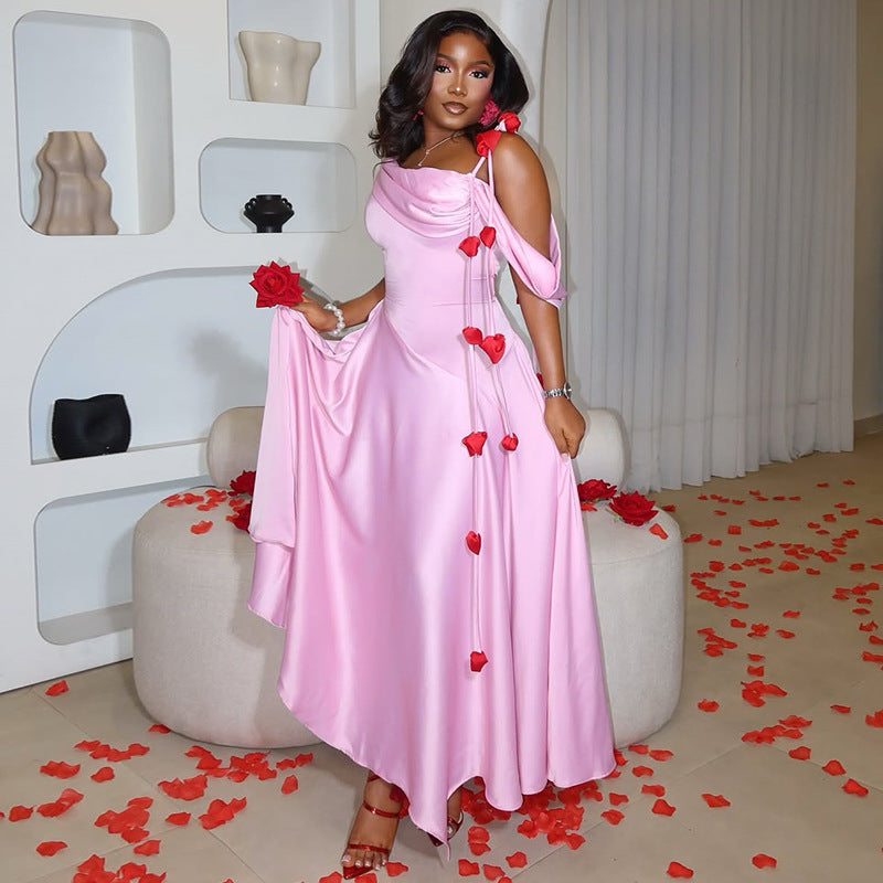 European and american cross-border women's fashion  summer new arrival: elegant asymmetrical neck high-waisted pink dress - perfect for birthdays and special occasions
