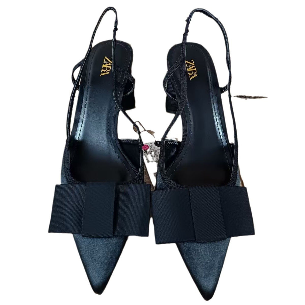 Za2024autum new women's shoes black bows decorated open heel thick heel pointed toe high heels toe cap sandals flats