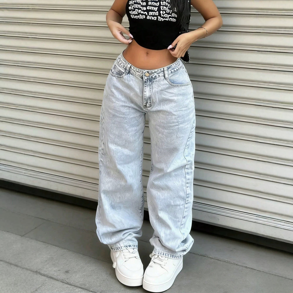 Fashionjeans women's low-waisted wide-leg washed american retro hot girl loosestraight-legmop denim pants