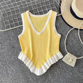 Sweet and spicy girl niche color-block v-neck sleeveless knit tank top for women,  summer new style, ruffle trim, slim fit, figure-flattering top
