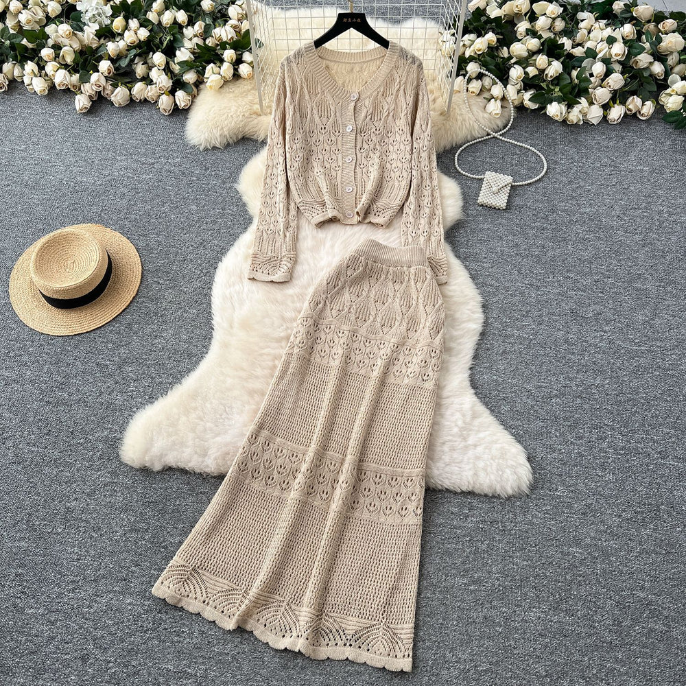 Elegant two-piece set: korean style soft hollow-out crochet round neck knit cardigan top + high-waisted bodycon midi skirt