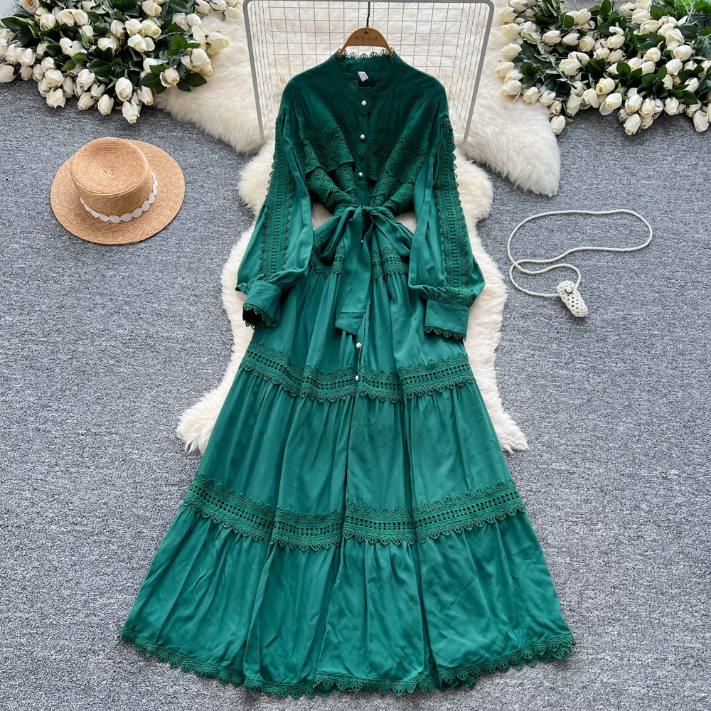 Vintage court style lantern sleeve dress - women's summer hollow-out crochet single-breasted elegant mature lady long dress