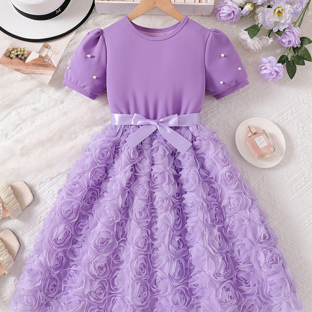 summer girls' purple pearl bubble sleeve princess dress with bow and 3d rose detail - trendy formal dress