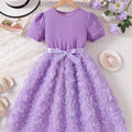 summer girls' purple pearl bubble sleeve princess dress with bow and 3d rose detail - trendy formal dress