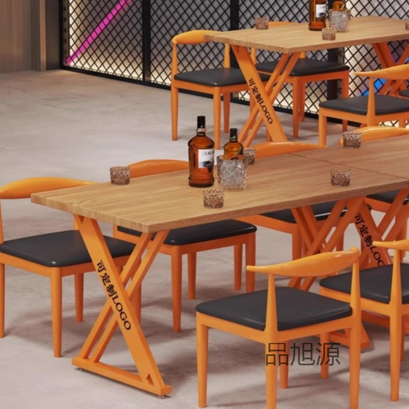 American cafe industrial style wrought iron table and chair combination leisure bar commercial barbecue hot pot shop solid wood dining table and chair