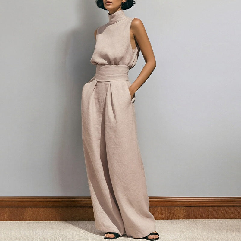 summer new women's clothing: cross-border european and american style, fashionable and elegant solid color high neck sleeveless straight-leg pants set