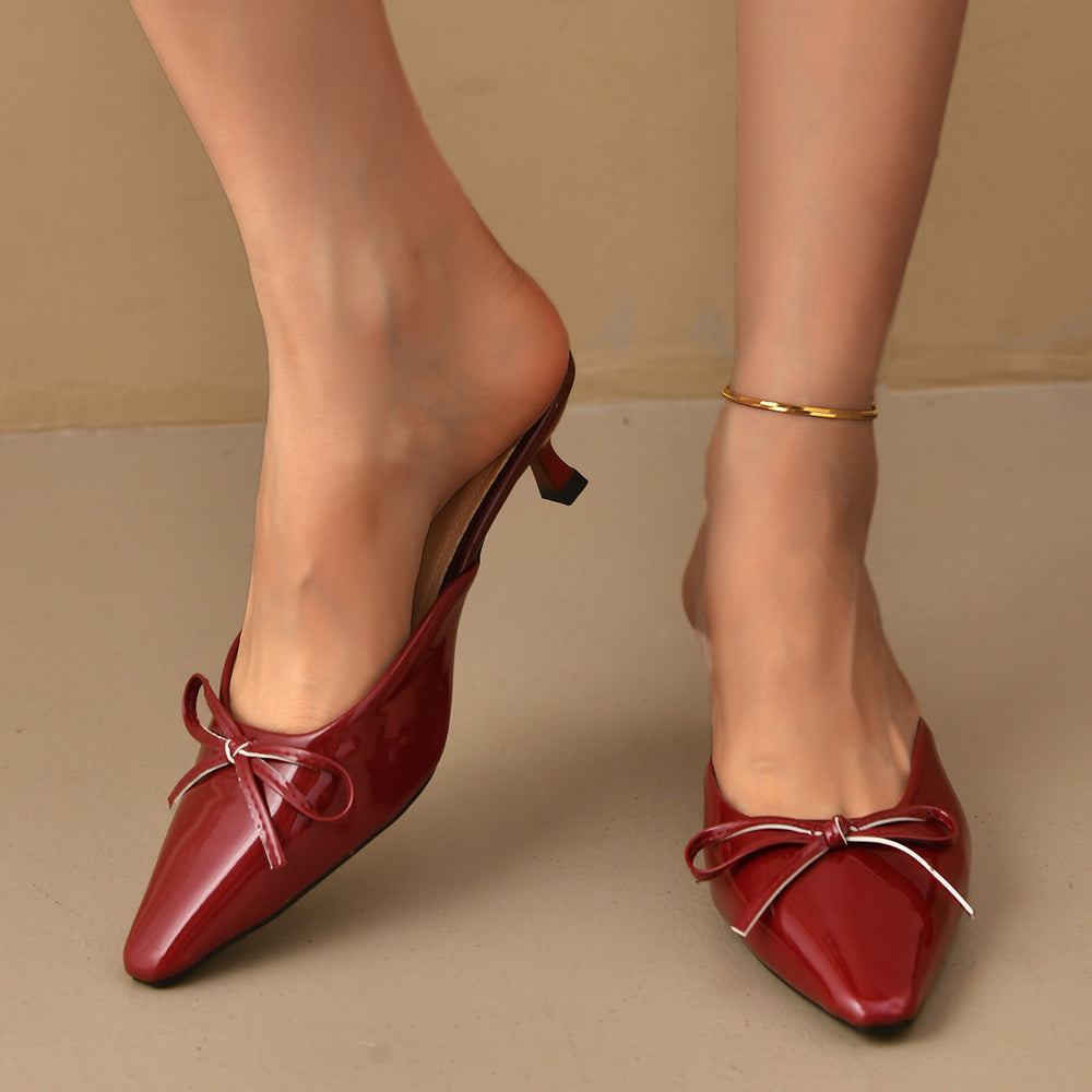 Amazon 2025 new bow-tie stiletto heel slippers - plus size, wine red, outdoor wear, retro pointed-toe mules