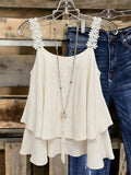 Exportfashion gentle style topsstereo white flower lace shoulder strap double layerloosedraped sleeveless suspender back