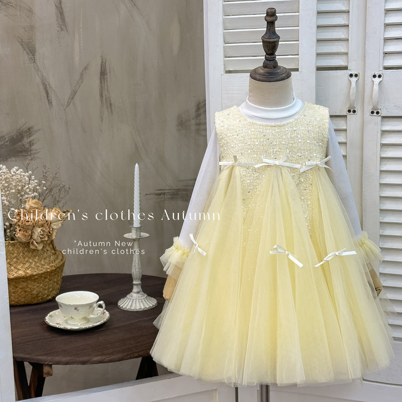 Girls' dress - new autumn  collection: stylish and sweet mesh skirt, chanel-inspired patchwork dress with bow detail, perfect for special occasions
