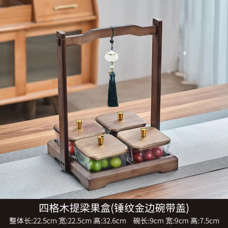Chinoiserie walnut color dried fruit plate for home divided grids four-square grid lifting beam wedding new home glass bowl fruit plate fruit plate
