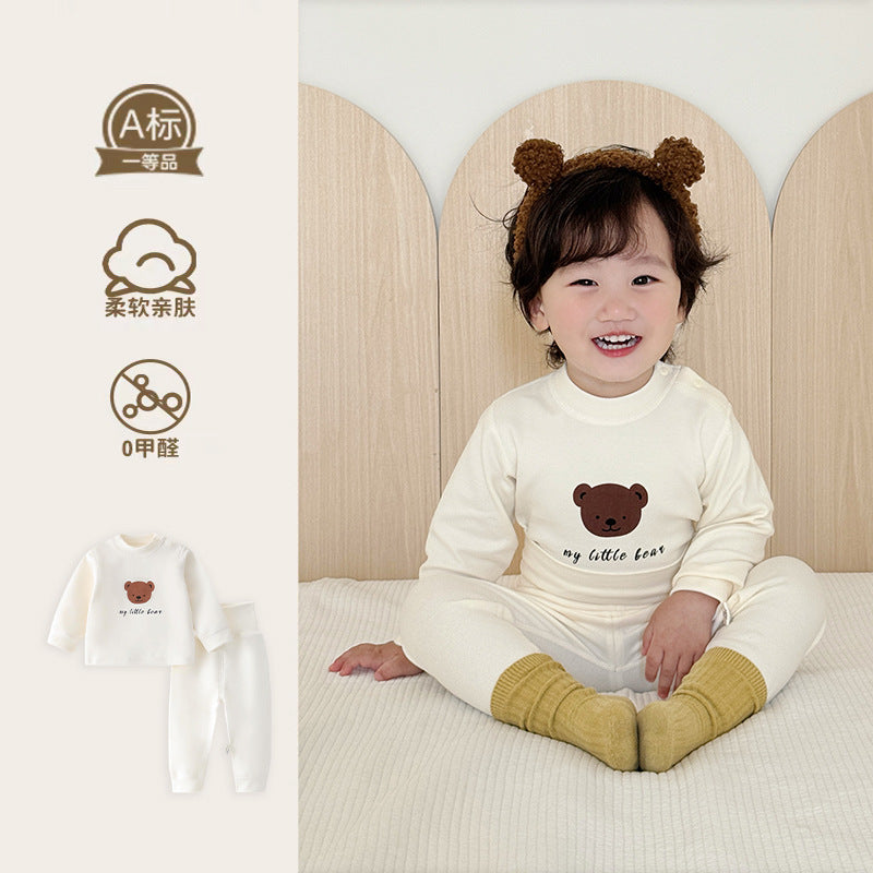 Kids' fall/winter seamless underwear set, baby soft fleece pure cotton thermal underwear, boys' and girls' home wear, cotton clothes