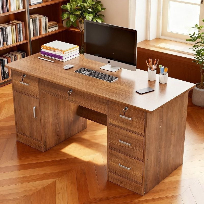 Office desk with lock, workstation with drawers, desk and chair set for employees, home desktop minimalist computer desk