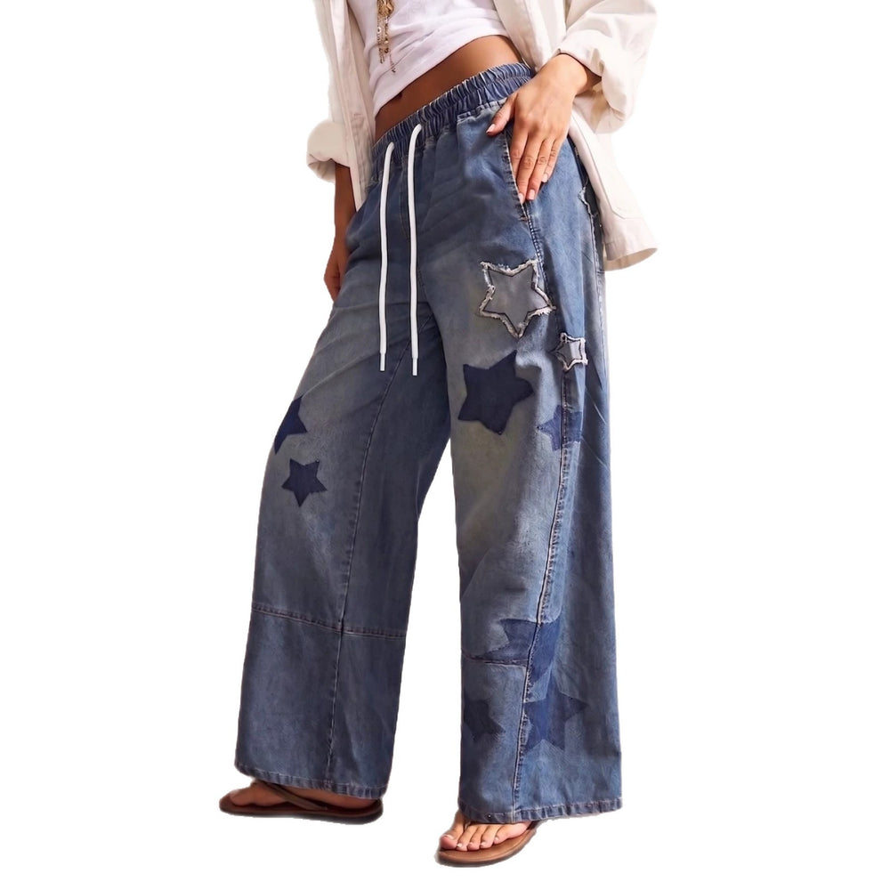 Amazon tiktok pinduoduo foreign trade cross-border fashion women's star patch embroidery drawstring denim wide-leg pants