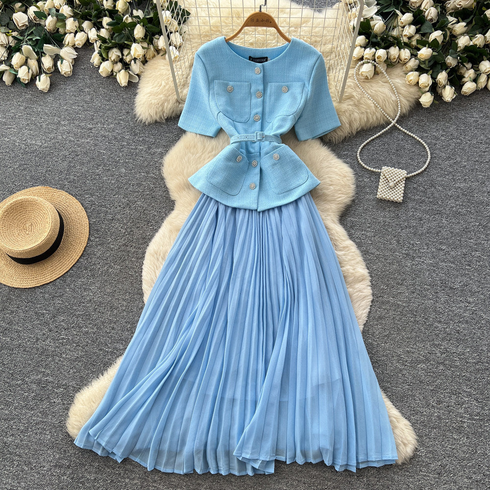 Xiaoxiangfeng pink a-line heavy industry pleateddress women's summer short-sleeved high waist waist pleated long skirtaccessible luxuryelegant