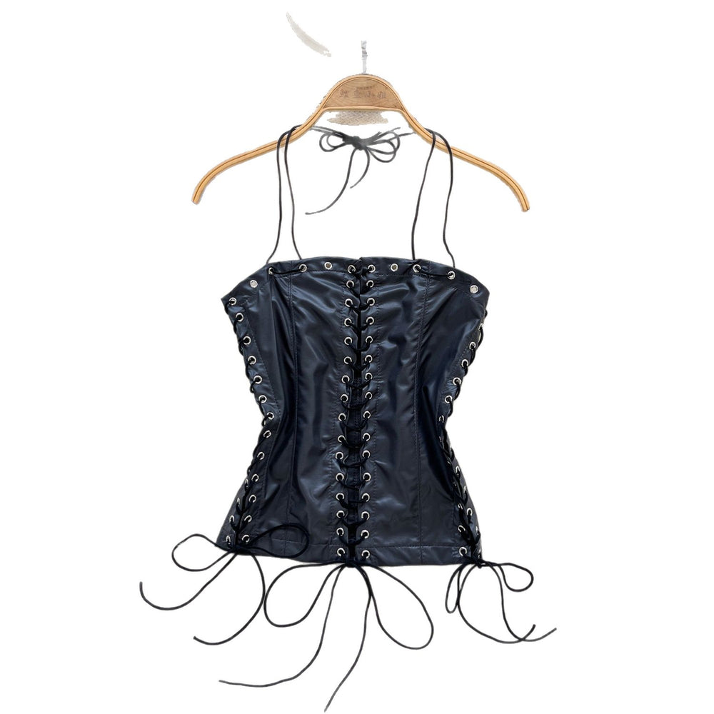European and american pure lust style sling tube top vest women's summer strap waist pu leather retro fried street hot girl tops trendy