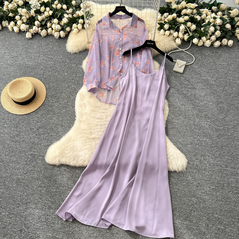 Beach vacation style solid color slim-fit cami dress + floral lightweight long-sleeve sun protection cardigan top set for women - summer
