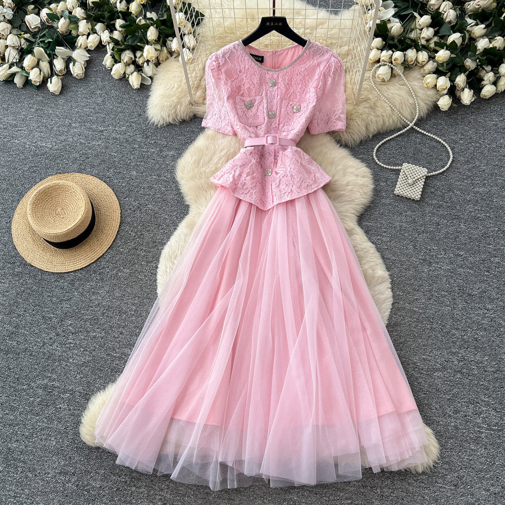 Xiaoxiangfeng socialite pink lace a-line dress women's summer waist slimming look mesh long skirt classy sense of commuting