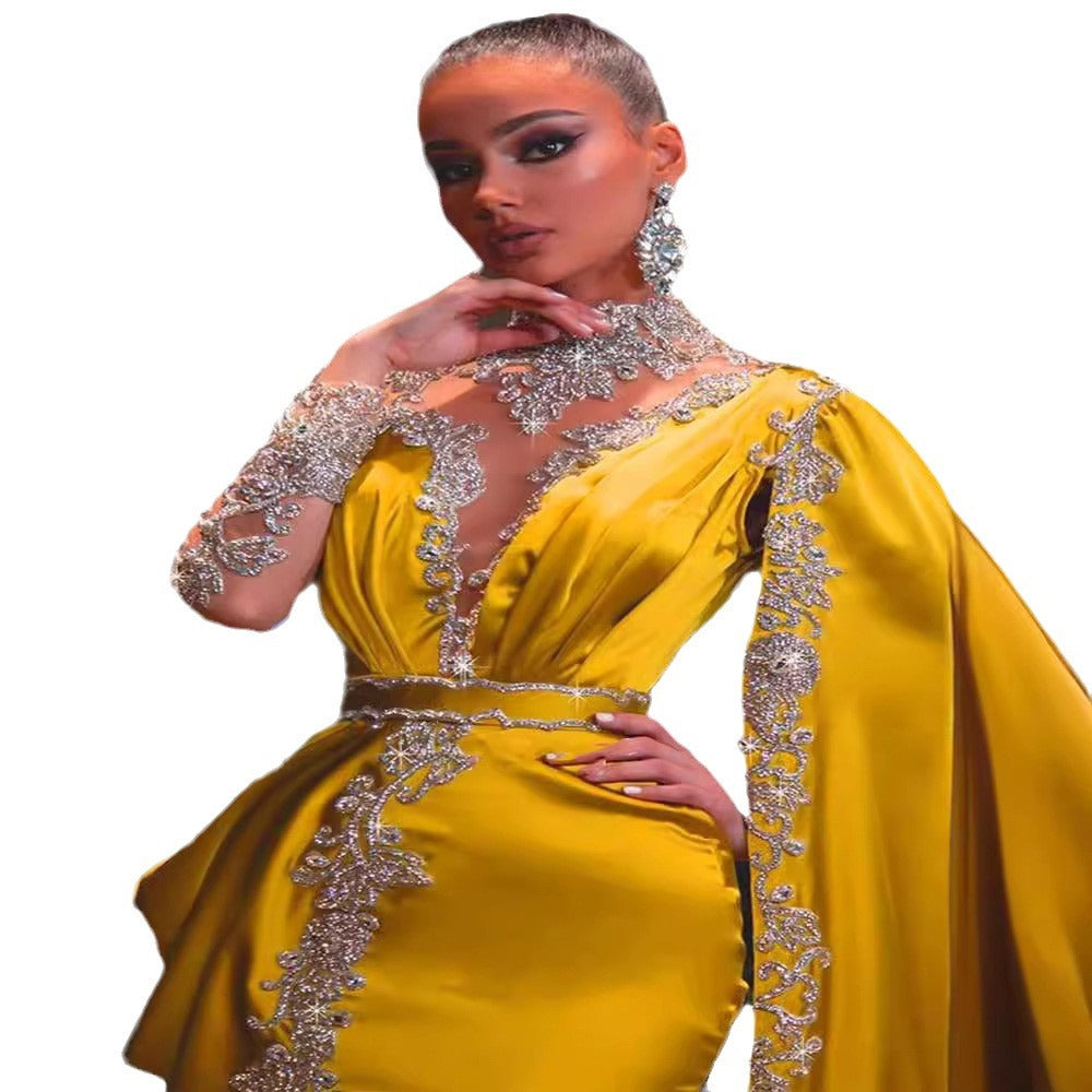 new foreign trade european and american women's clothing   evening gown yellow gold sprinkle sequin long dress